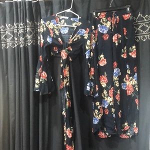 Two piece floral outfit.